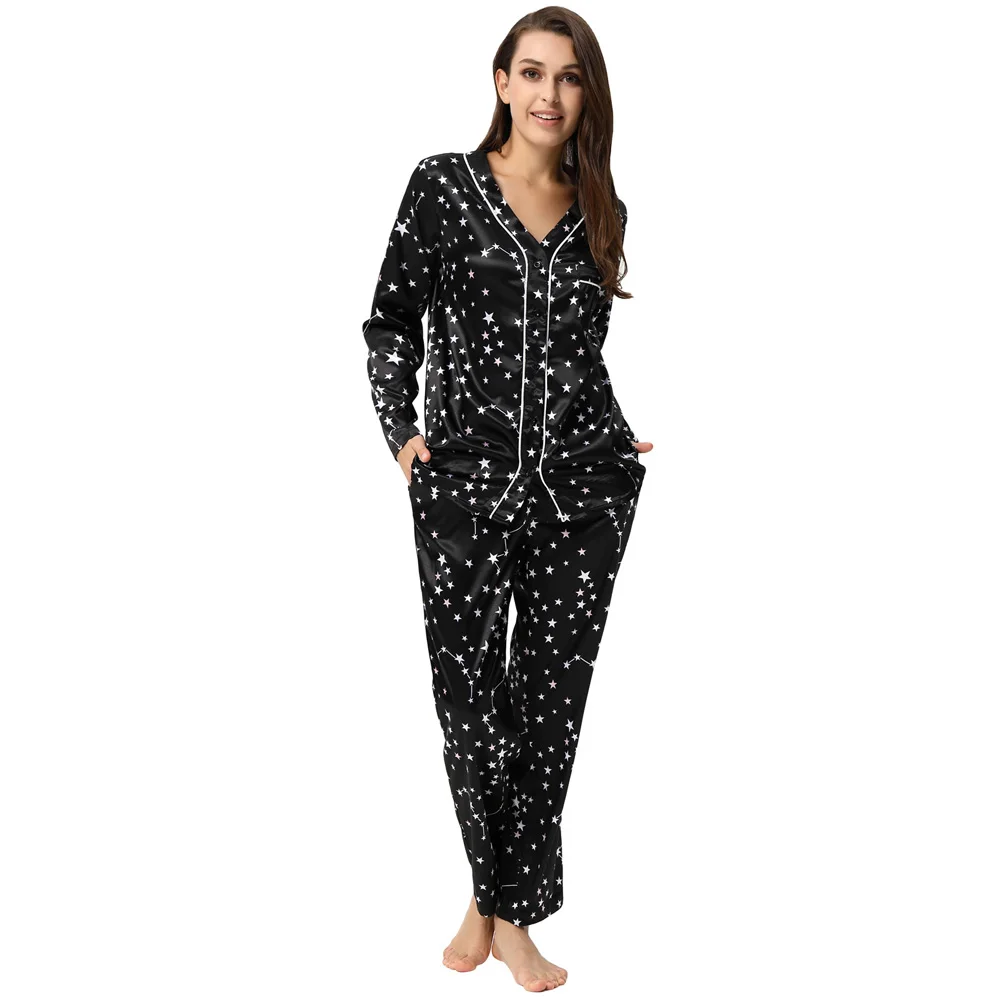 

Womens Pajama set Ladies Long sleeves Long V-neck Star pattern Casual Sleepwear Loungewear