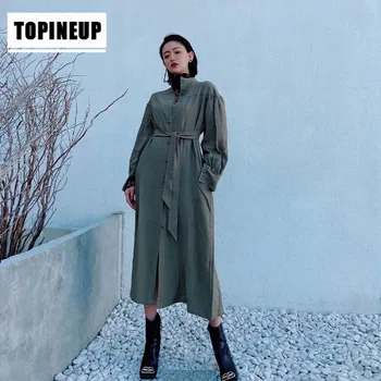 

2020 NEW Women's Elegant Lapel Solid color Lantern sleeve Belt loose high collar dress women