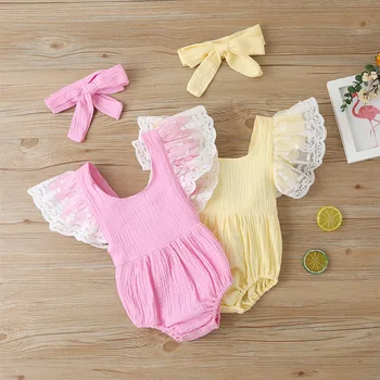 

2020 Summer Baby Girls Candy Color Fashion Lace Sleeve Newborn Bodysuits