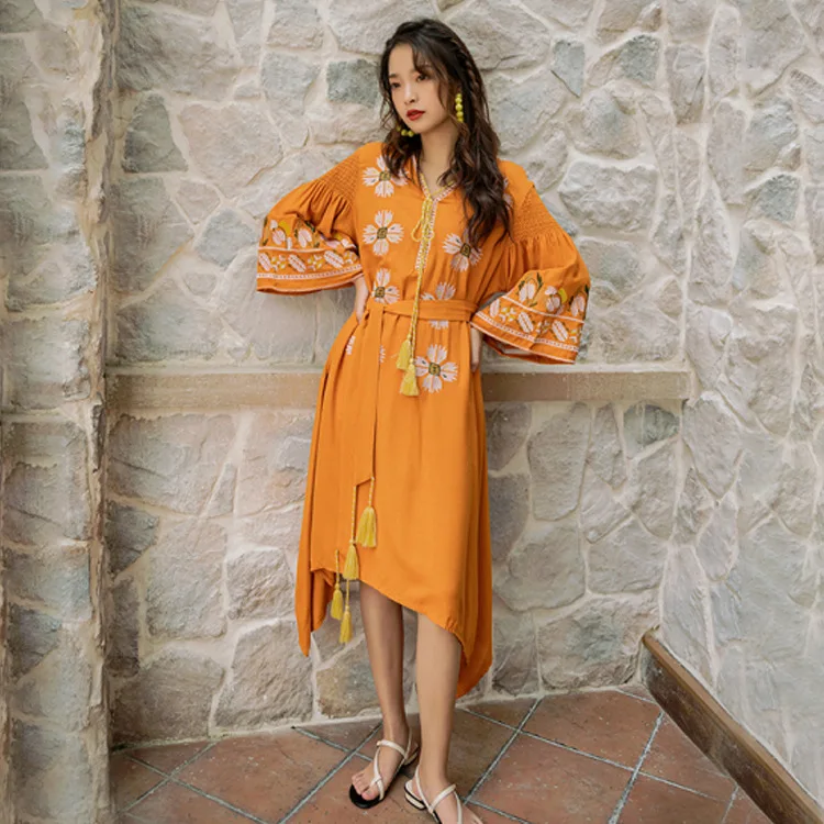 

Travel Holiday Ethnic-Style Embroided Dress Women's 2020 Early Spring New Style Seaside Beach Skirt Retro Embroidery Long Skirts