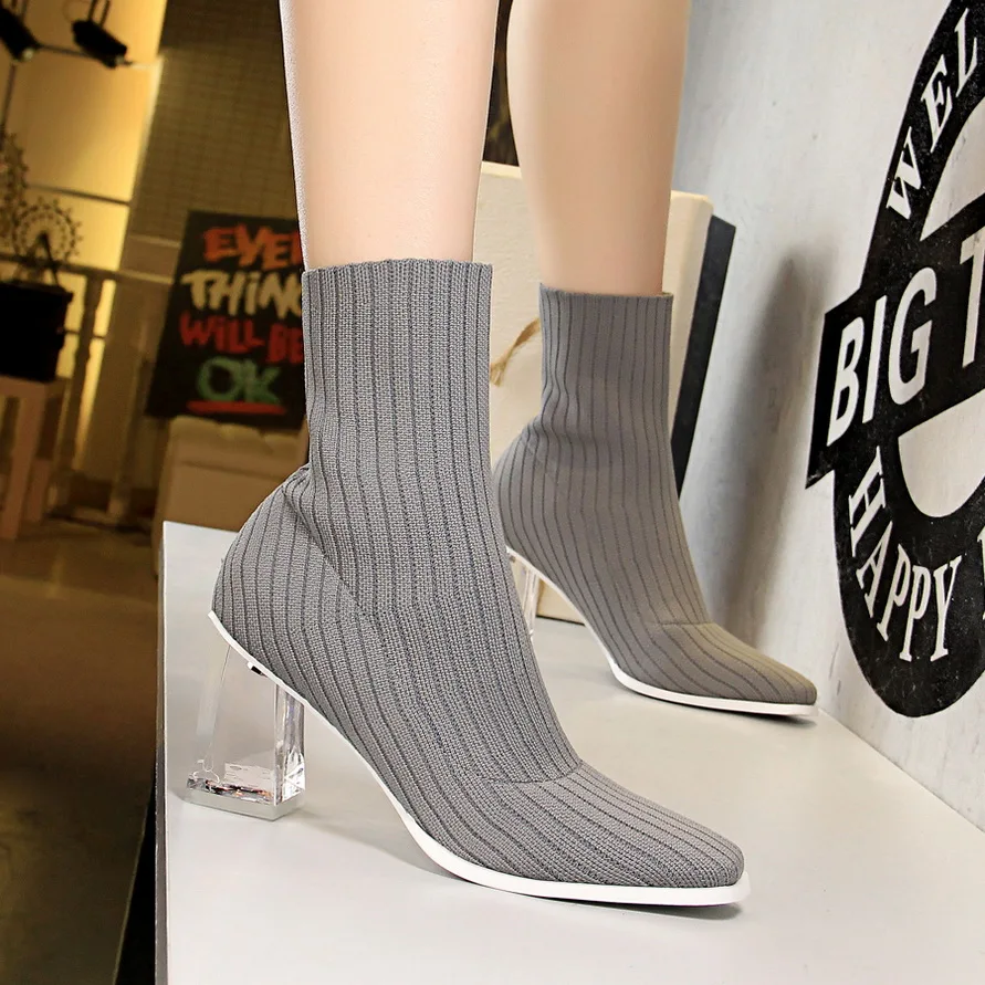 

knitting socks Boots Woman casual crystal Heels mid calf Boot square toe booties high heel shoes black gray Zapatos de Mujer