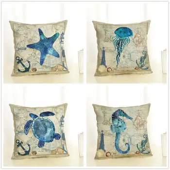 

Underwater World Cushion Cover 45x45 cm Soft Cotton Linen Blend Pillow Cover Sea Turtle Seahorse Starfish Sofa Cushion Cover