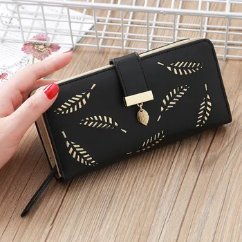 

Women Wallet PU Leather Purse Female Long Wallet Gold Hollow Leaves Pouch Handbag For Women Coin Purse Card Holders Clutch #Z