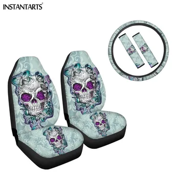 

INSTANTARTS Sugar Skull Fashion Print Design Slip-Resistant Car Seat Cover Steering Wheel Cover Full Set Car Seatbelt Pads Cover