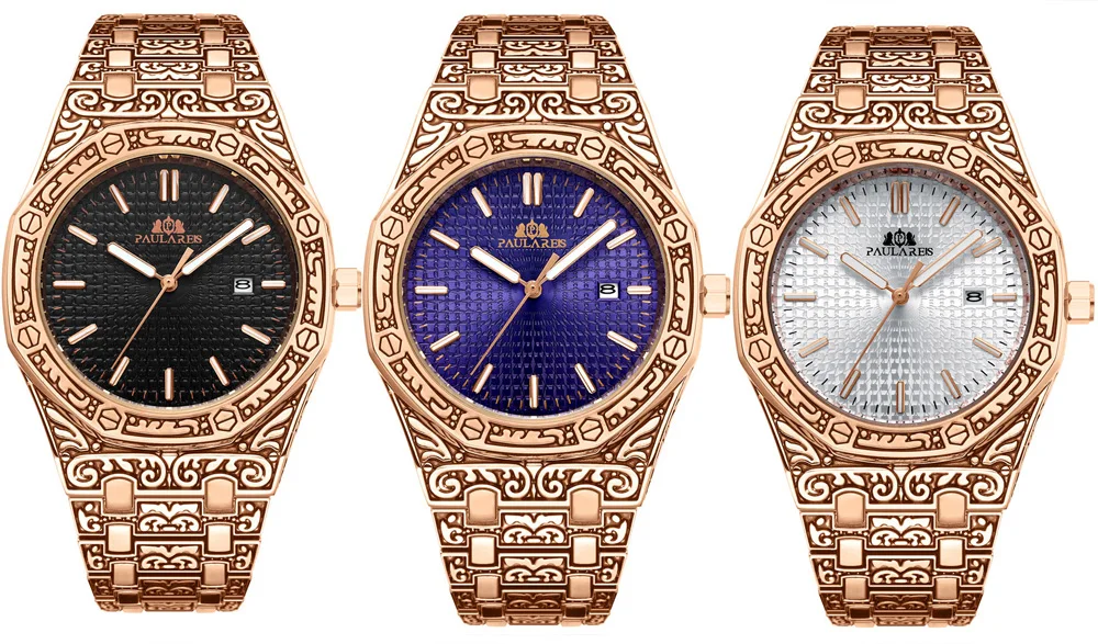 Lusso antico intagliato vintage luminoso oro rosa oro giallo argento 2 toni blu quarzo classico da uomo_voghion.com