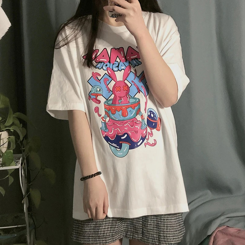 Cute Little Dinosaur Pattern Printed T-Shirt Summer Loose Large Size Multi-Color Cartoons Japanese Tops Y2k Casual Cotton Tees