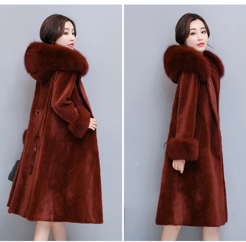 Пальто для мамы размера плюс, новинка, зимнее женское меховое пальто, одежда для женщин, стрижка овец, пальто из искусственного лисьего меха с капюшоном, длинная куртка NS1442 - Цвет: caramel