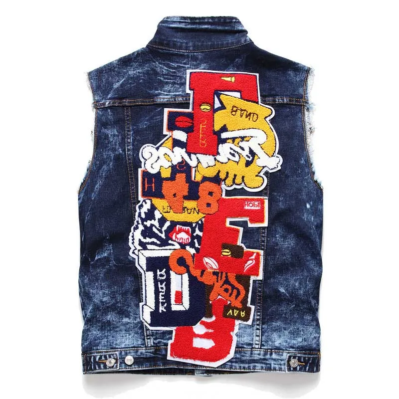 Mcikkny Men's Fashion Hip Hop Denim Vest Letter Pattern Embroidery Jeans Waistcoats For Male Sleeves Jeans Jackets Washed