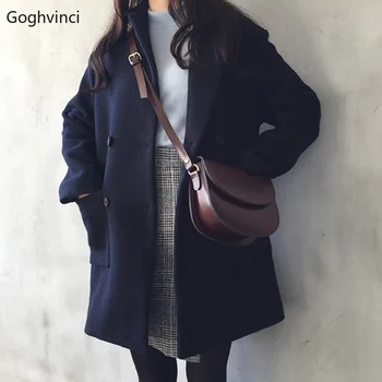 

Wool Women Double Breasted Solid Simple Comfortable Long Coat Womens Coats Winter All Match Females Elegant Korean Style Casual
