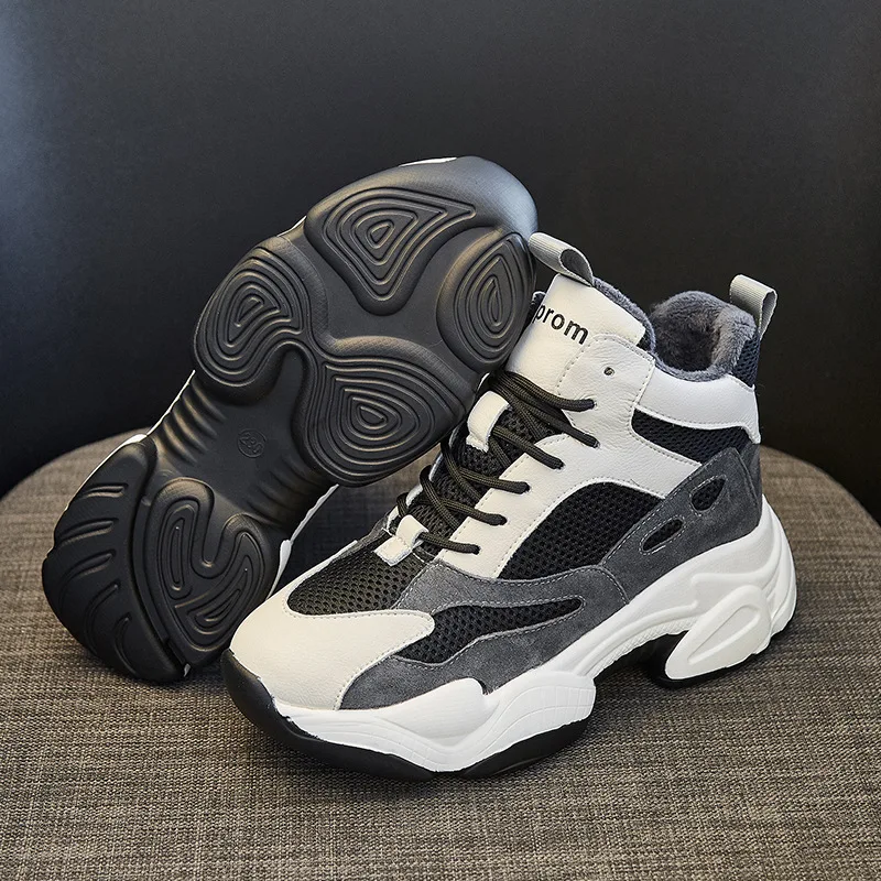 

Women's round-Toe Winter Genuine Leather plus Velvet Korean-style Women's Sporty Lace up Front Warm Dad Shoes Breathable Thick B