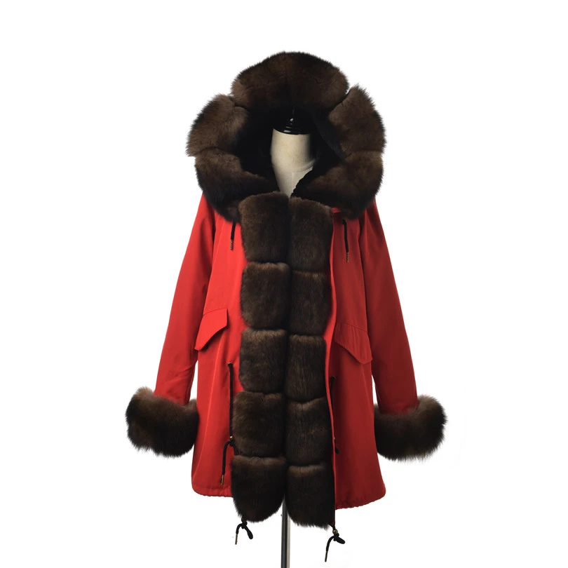 FURSARCAR Fashion 80 CM Jacket Real Fur Parka Women Luxury Winter Long Coat With Fox Fur Collar And Cuff Casual Warm Fur Parka