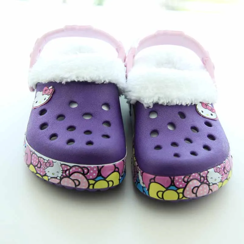 purple Hello kitty/детские сабо с теплым мехом; Детская домашняя обувь; шлёпанцы с дырками; темно-синие милые сандалии на шпильках; детская обувь на плоской подошве из ЭВА - Цвет: purple