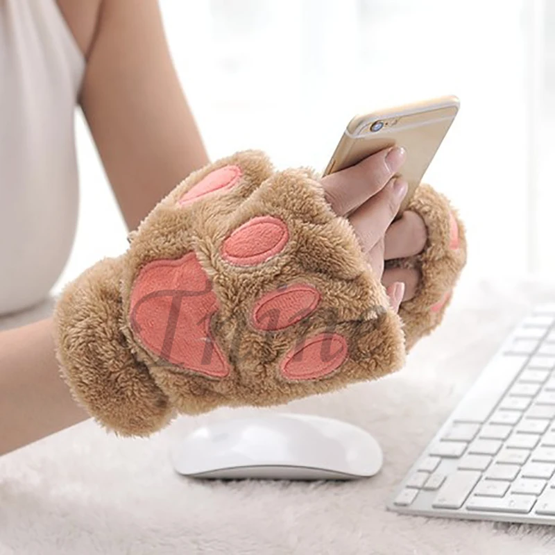 Women Winter Fingerless Paw Gloves Fluffy Bear Plush Cosplay Halloween