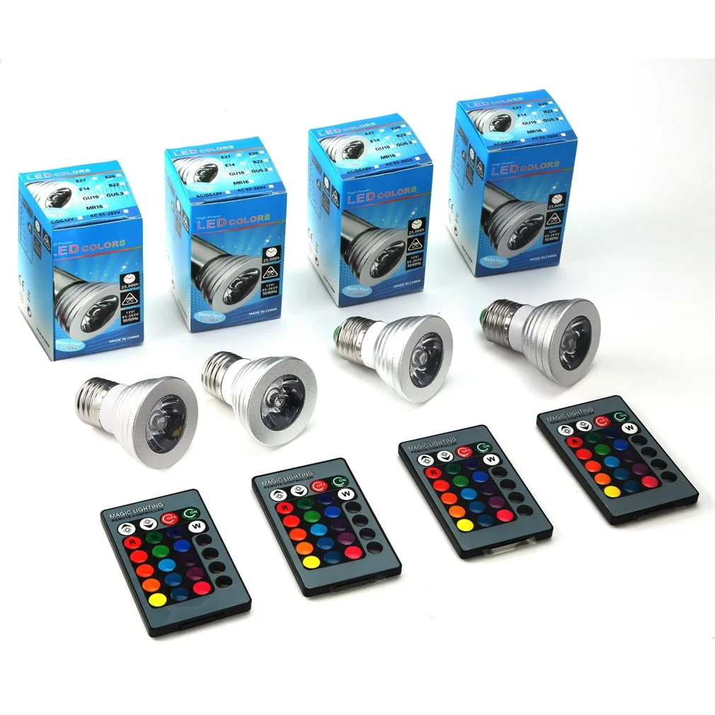 

Aluminum Alloy Lightweight Mini E27 RGB LED Lamp 3W AC85V-265V LED Spotlight Bulb + IR Remote Control 16 Colors Change