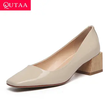 

QUTAA 2020 Quality Cow Leather Spring Autumn Concise Ladies Pumps Square Toe Casual Square Heel Shallow Single Shoes Size 34-39