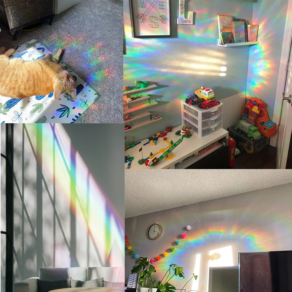 3D Rainbow Suncatcher Squares Holographic Window Film,sun Catcher Rainbow  on Walls,prism Sticker.clings Decal Decoration for Home,car,office 