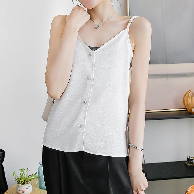 Lustrous Sexy Personality Slim Strap V-Neck Easy Wear Top-Grade Vest 2020 Summer Imitation Acetic Acid Fabric