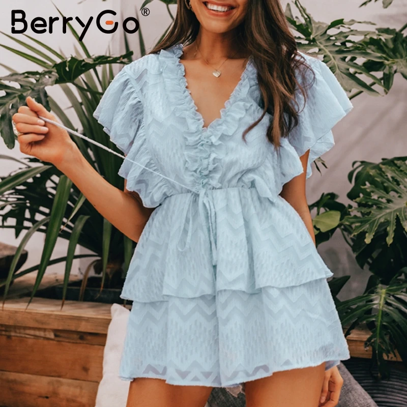 Женский комбинезон с оборками BerryGo элегантный шифоновый коротким рукавом и