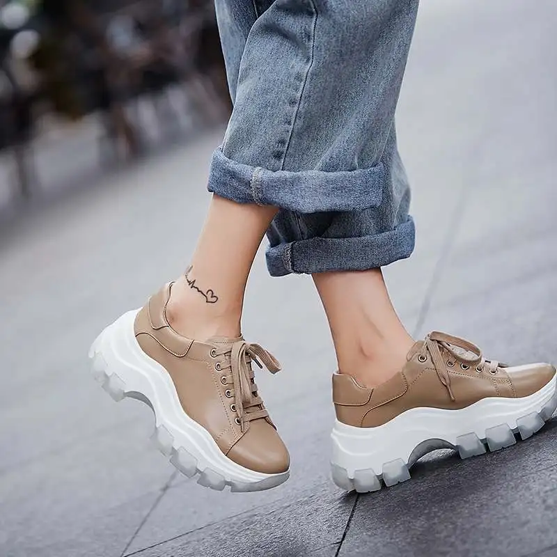 Lenkisen young lady real cow leather round toe high heels fashion lace up solid sneaker thick bottom women vulcanized shoes L09