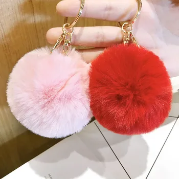 

New Lovely Fluffy Lazy Rabbit Keychains Soft Faux Rex Rabbit Fur Ball Car Keyring Pompom Key Chains Women Bag Pendant Jewelry