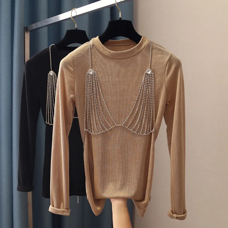 

Diamond Beaded Chain Decorative Tank Top Crew Neck Slim-Fit Long-Sleeve Women's T-shirt Shirt Two-Piece Spring Autumn Tops