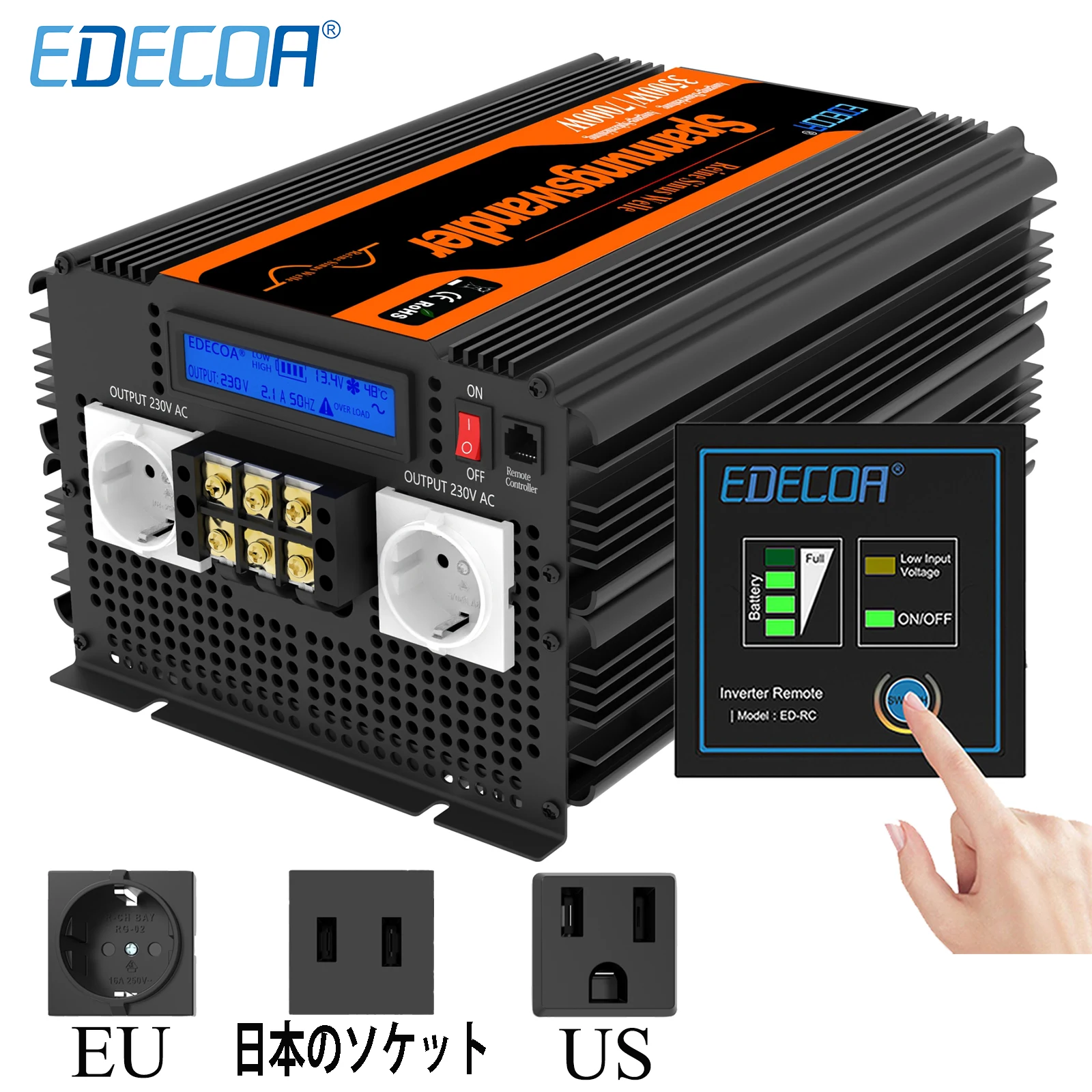 EDECOA 3500W 7000W Power Inverter DC 12V 24V AC 220V 230V 240V 3500 Watt Pure Sine Wave To 100V 110V 120V 60Hz  Converter