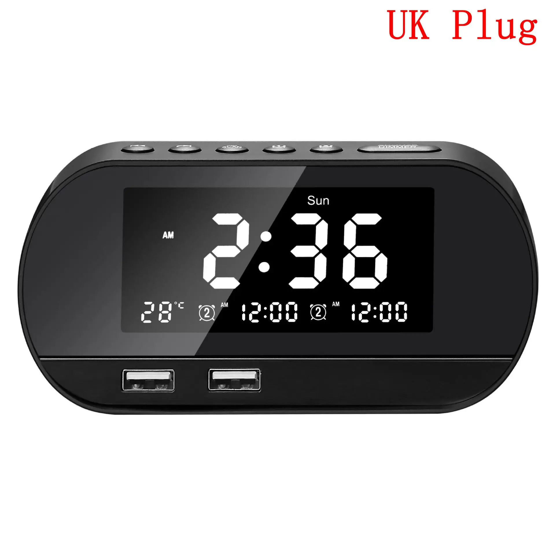 UK Plug black Светодиодный цифровой будильник, радио с fm-радио, большой ЖК-дисплей, календарь, температурный дисплей, повтор, часы с двумя usb-портами для зарядного устройства - Цвет: UK Plug black