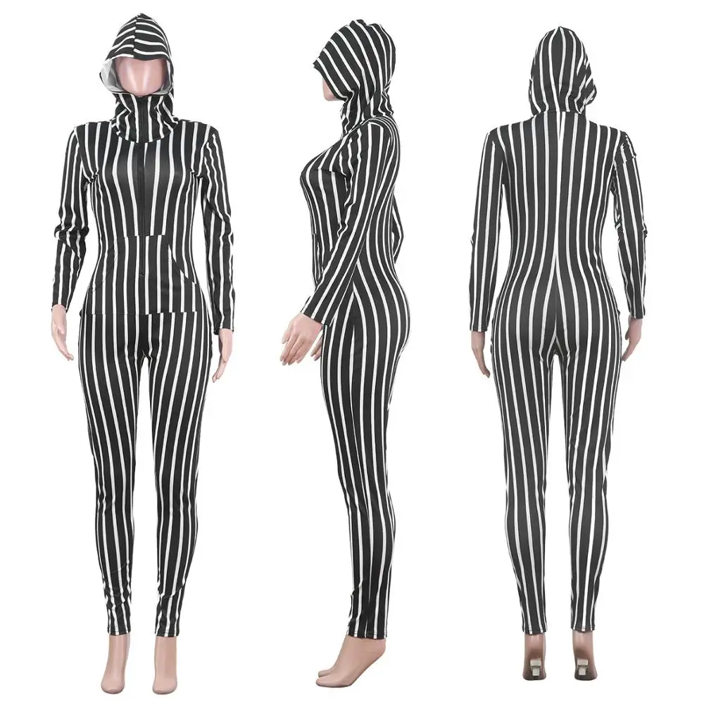Casual Hooded Jumpsuit Striped Open Up Long Sleeve Bodycon Rompers Womens Jumpsuit Femme Autumn Winter Plus Size S-XXL