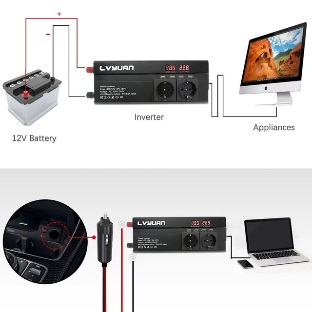 DC12V to 220V 5000w 6000W Peak EU socket Home/outing LED Display Modified sine wave with 4.8 A 4 USB 3 AC Car Adapter Inverter 5