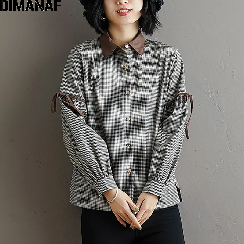  DIMANAF Plus Size Women Blouse Shirts Office Lady Tops Tunic Cotton Autumn Loose Long Sleeve Vintag