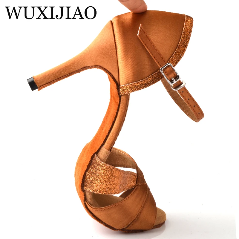 WUXIJIAO Latin dance shoes Salsa women's bronze satin unique tailor design satin shoes for ballroom dancing  Tango shoes