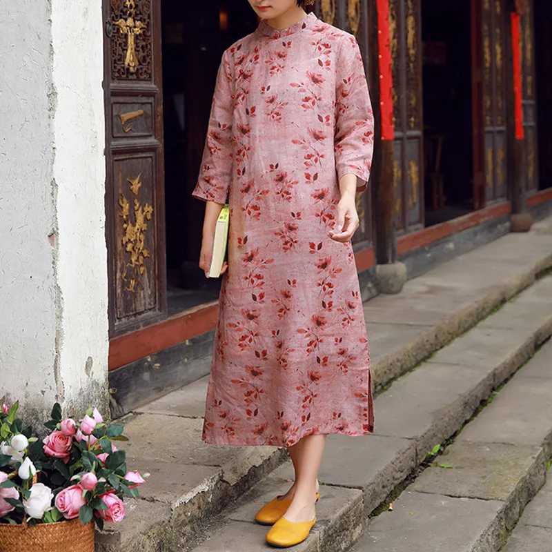 Johnature женские платья в китайском стиле Ramie высокое качество винтажные Cheongsam 2021