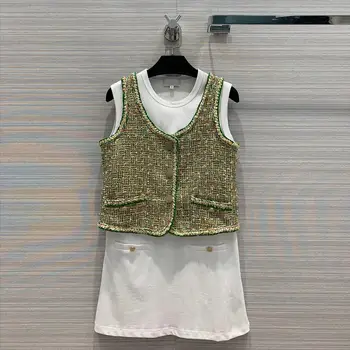 

preppy style 2 piece set dress women white cotton sundress with gold thread embroidery tweed vest jacket high-end quality sets