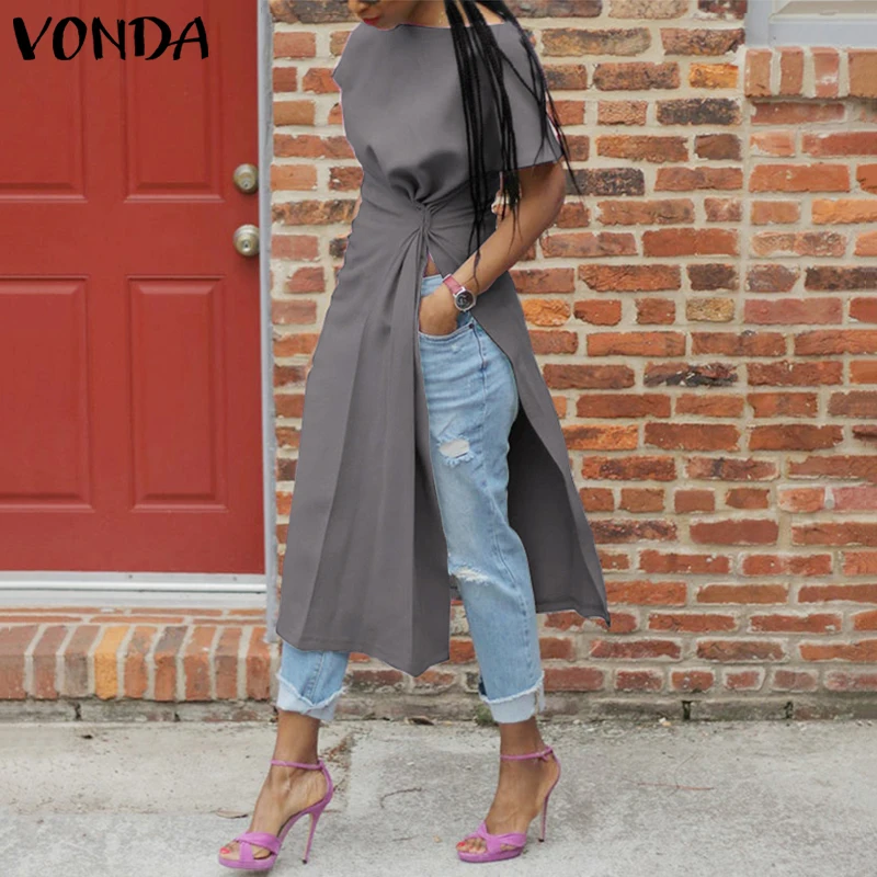 

VONDA Tunic Women Blouse Sexy Short Sleeve Split Party Tops 2020 Office Shirts Female Casual Tops Blusas Femininas Plus Size