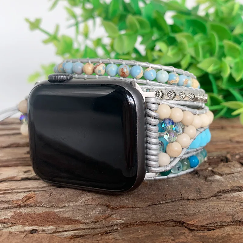 

Women Straps For Apple Watch Band 40mm 44mm Lady Natural stone Strap Multilayer bracelet Bohemian style smart watch Series7