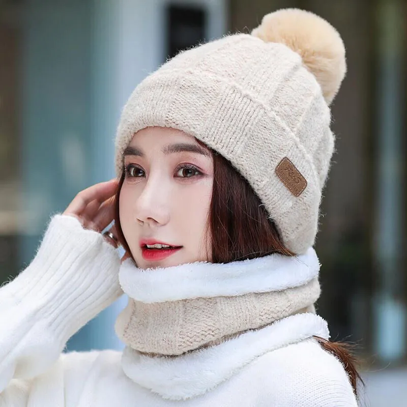 SUOGRY Hot Selling 2pcs Ski Cap And Scarf Cold Warm Leather Winter Hat for Women Knitted Hat Bonnet Warm Cap Skullies Beanies - Цвет: Hat scarf beige