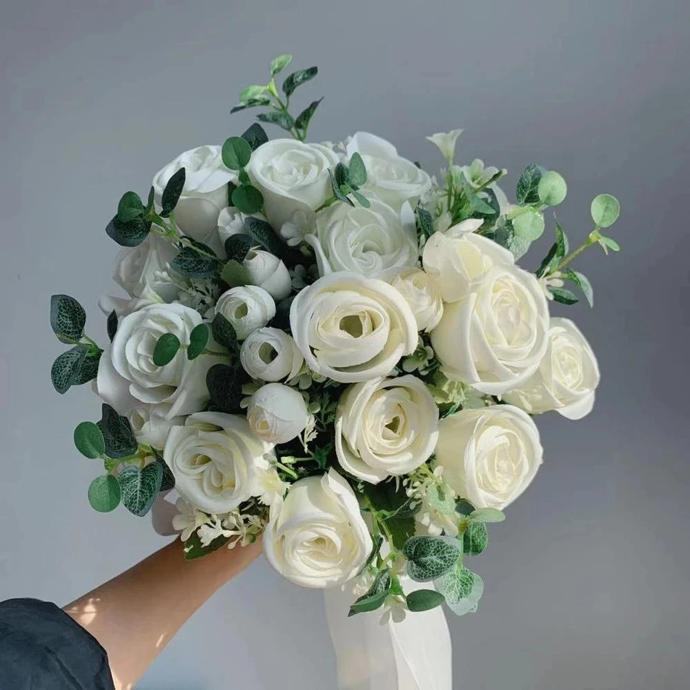 Wedding Bouquet Flower White Pink Artificial Rose Bridal Bouquet