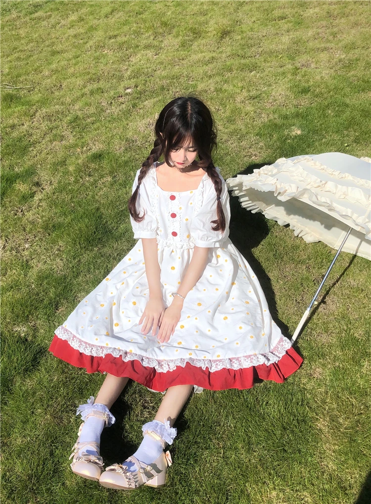Japanese Summer Sweet Floral Dress Kawaii Lolita Style Square Collar Dress Vintage Puff Sleeve Cute Ruffles Mori Girl Dresses