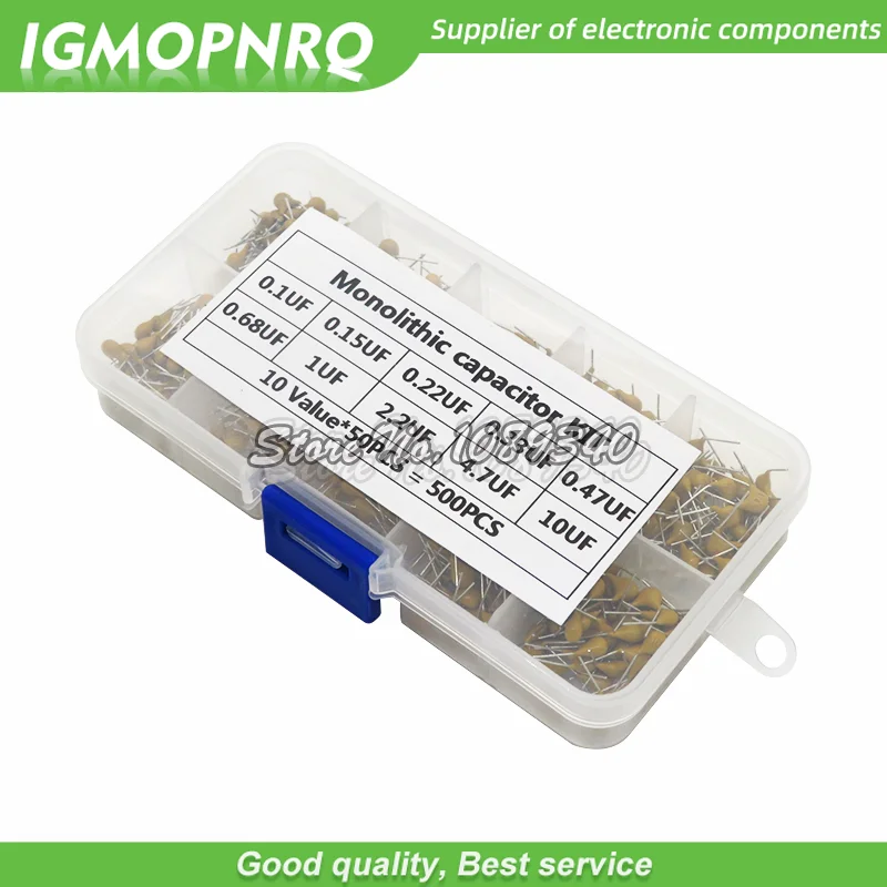 

500 шт./лот, многослойный керамический конденсатор, набор, 10 значений * 50 шт., 0,1 мкФ Ф-10 мкФ (104 ~ 106), 50 в, набор керамических конденсаторов