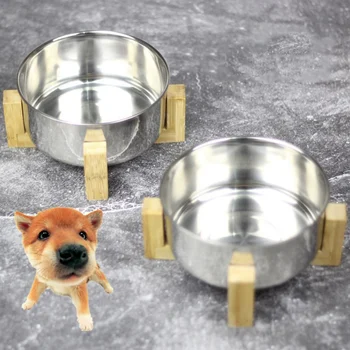 

Pet Feeding Tools Set Dog Bowl Stainless Steel Round Feeding Bowl And Durable Bamboo Wooden Holder Stand