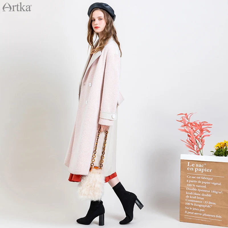 ARTKA новое зимнее женское Шерстяное Пальто Ретро клетчатое шерстяное пальто с отложным воротником двубортное длинное пальто для женщин WA15094D