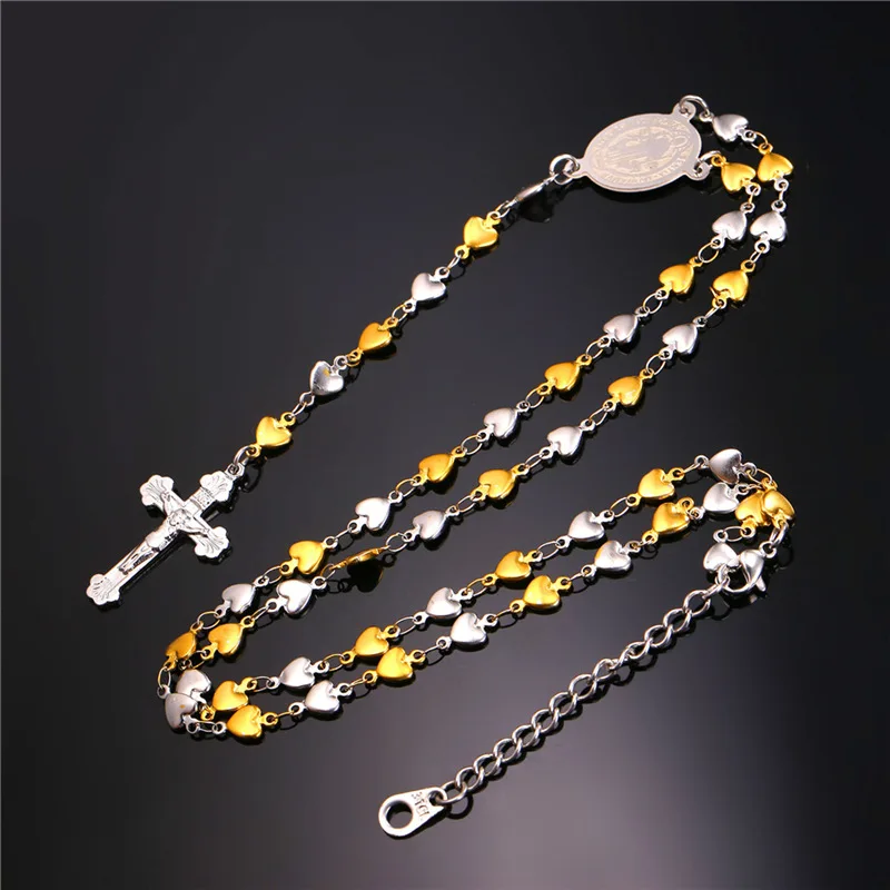 Collare Cross Chain Rosary Necklace Gold Color Heart Linked Stainless Steel Necklace Women Men Saint Benedict Medal Jewelry N217