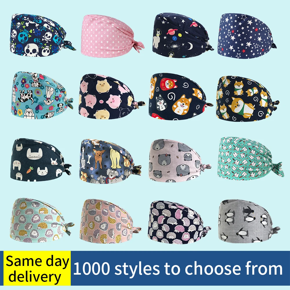 

high quality Breathable cotton cartoon print scrub hat adjustable summer beauty salon laboratory pet shop frosted caps Custom