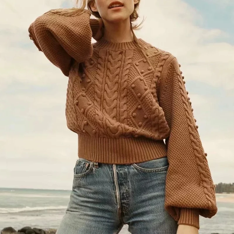 

Autumn&Winter Solid Knitting Sweater Women O Neck Lantern Long Sleeve Patchwork Hair Bulb Pullover Tops Female Spring
