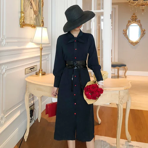 

2019 Spring Autumn Winter New Women Long Sleeve Elegant Party Dress Sexy Single Breasted Long Sleeve Waist Belt Dress Mujer Ka83