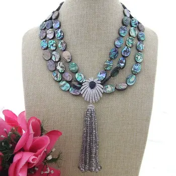 

S112410 3 Strands Oval Abalone Shell Crystal CZ Pendant Necklace