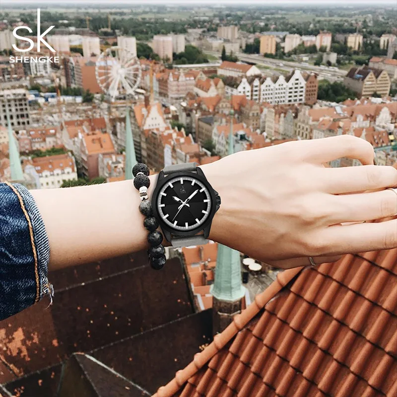 Shengke Women Fashion Grey Quartz Watch Lady Leather Watchband High Quality Casual Waterproof Wristwatch Gift for Wife New