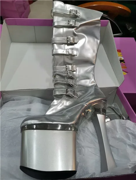 Women's shoes have 18 cm high heels, stage banquet show high boots, sexy zipper openings, buckle trim, boots