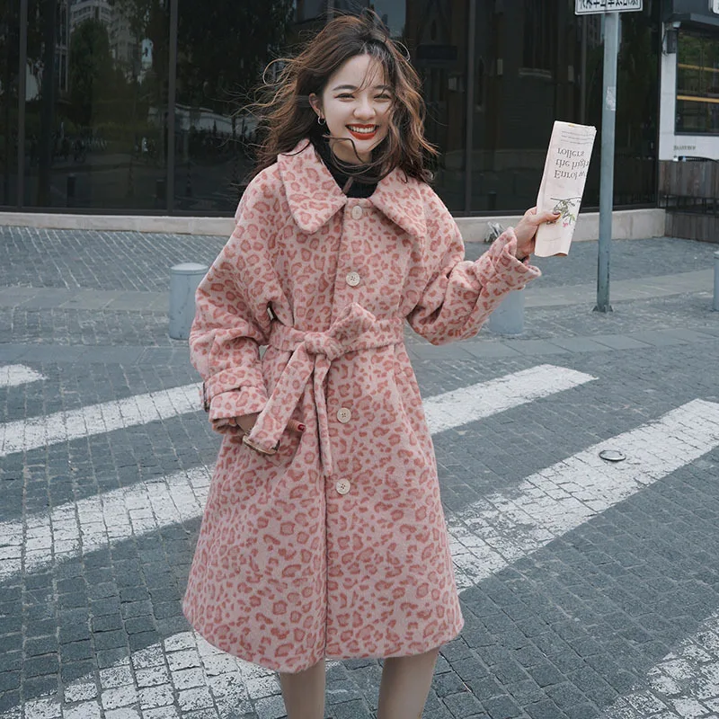 

Photo Shoot Pink Leopord Pattern Woolen Jacket Women's Autumn And Winter 2019 New Style Korean-style Popular Mid-length Lace-up