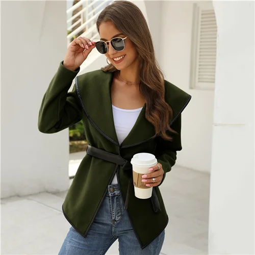 SHEIN однотонное контрастное повседневное пальто с воротником-водопадом и поясом для женщин, осень, уличная одежда с длинным рукавом, женская верхняя одежда - Цвет: Армейский зеленый